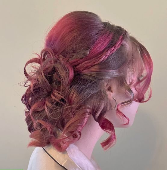 Red hair updo with coloring with curls for wedding by Annette Hunt